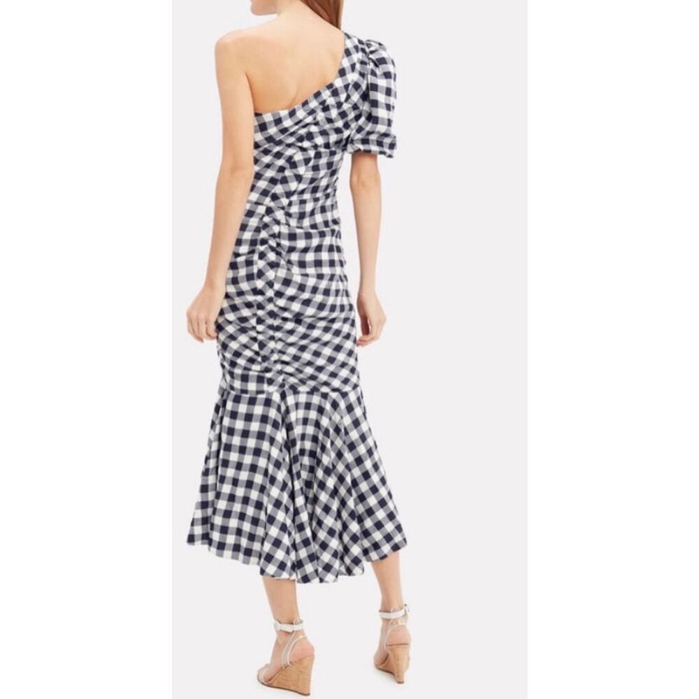 JONATHAN SIMKHAI Lux Twill One Sleeve Dress Midnight Blue Gingham Size 8 Preppy - Picture 9 of 14
